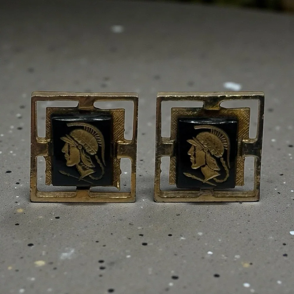 Vintage Cufflinks Roman Trojan Greek‎ Soldier Gold Tone Black Center Open Frame